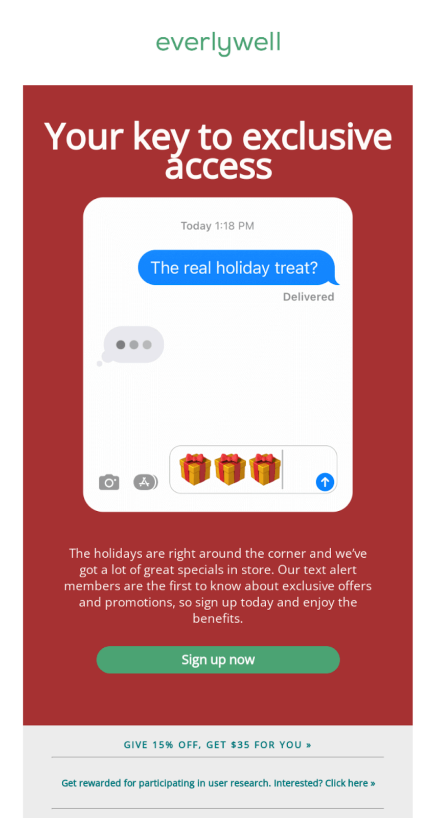 Festive red-themed email promoting exclusive holiday deals and access, encouraging users to sign up and receive special Christmas messages.